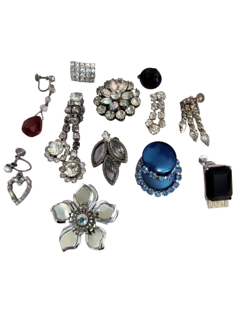 Vintage Silver Tone Clip On Earrings Lot Rhinestone Costume Jewelry